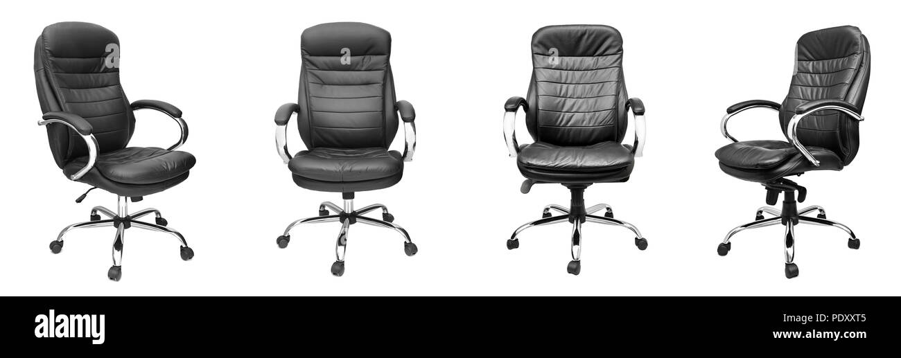Assorted set of black leather office chairs isolated on white ...
