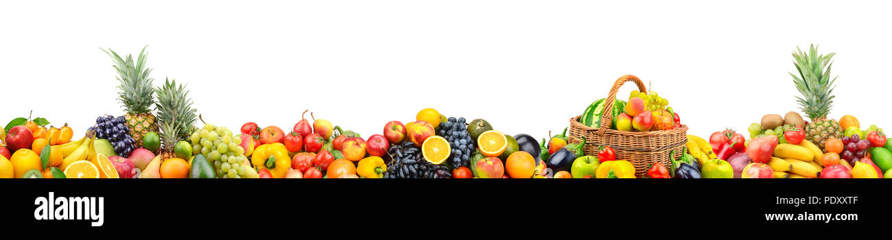 Panoramic wide photo with variety of fresh fruits and vegetables isolated on white background. Copy space. Stock Photo