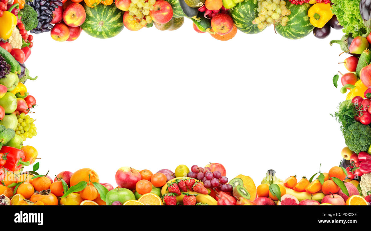 Frame of vegetables and fruits isolated on white background. Copy space Stock Photo
