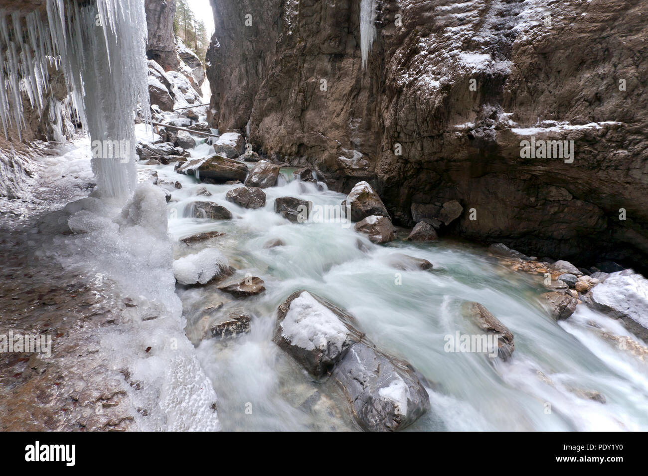 Partnach Gorge with icicles in winter, Garmisch-Partenkirchen, Upper Bavaria, Bavaria, Germany Stock Photo