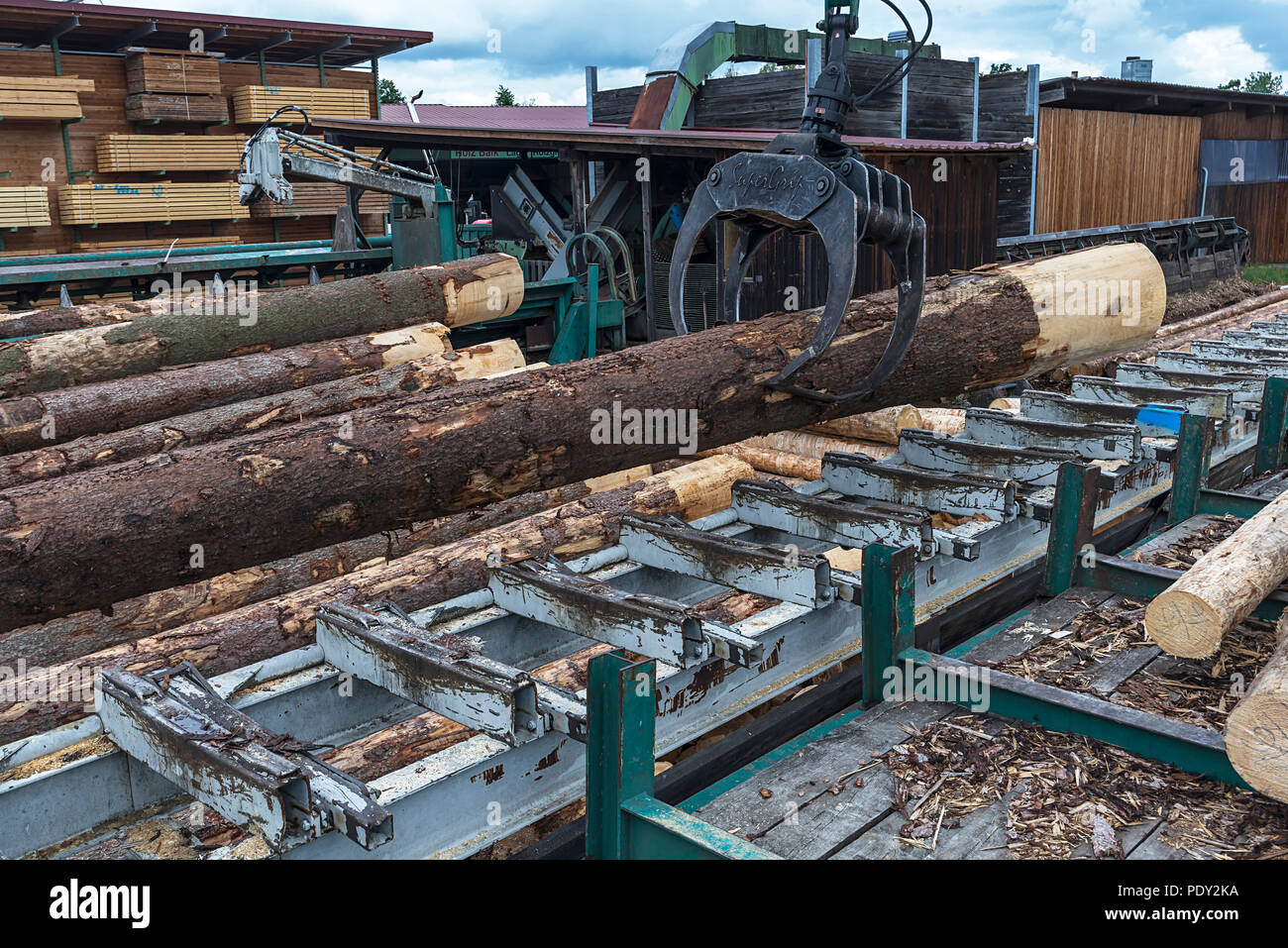 Crane lifts round wood on the surveying conveyor, Sawmill, Bavaria, Germany Stock Photo