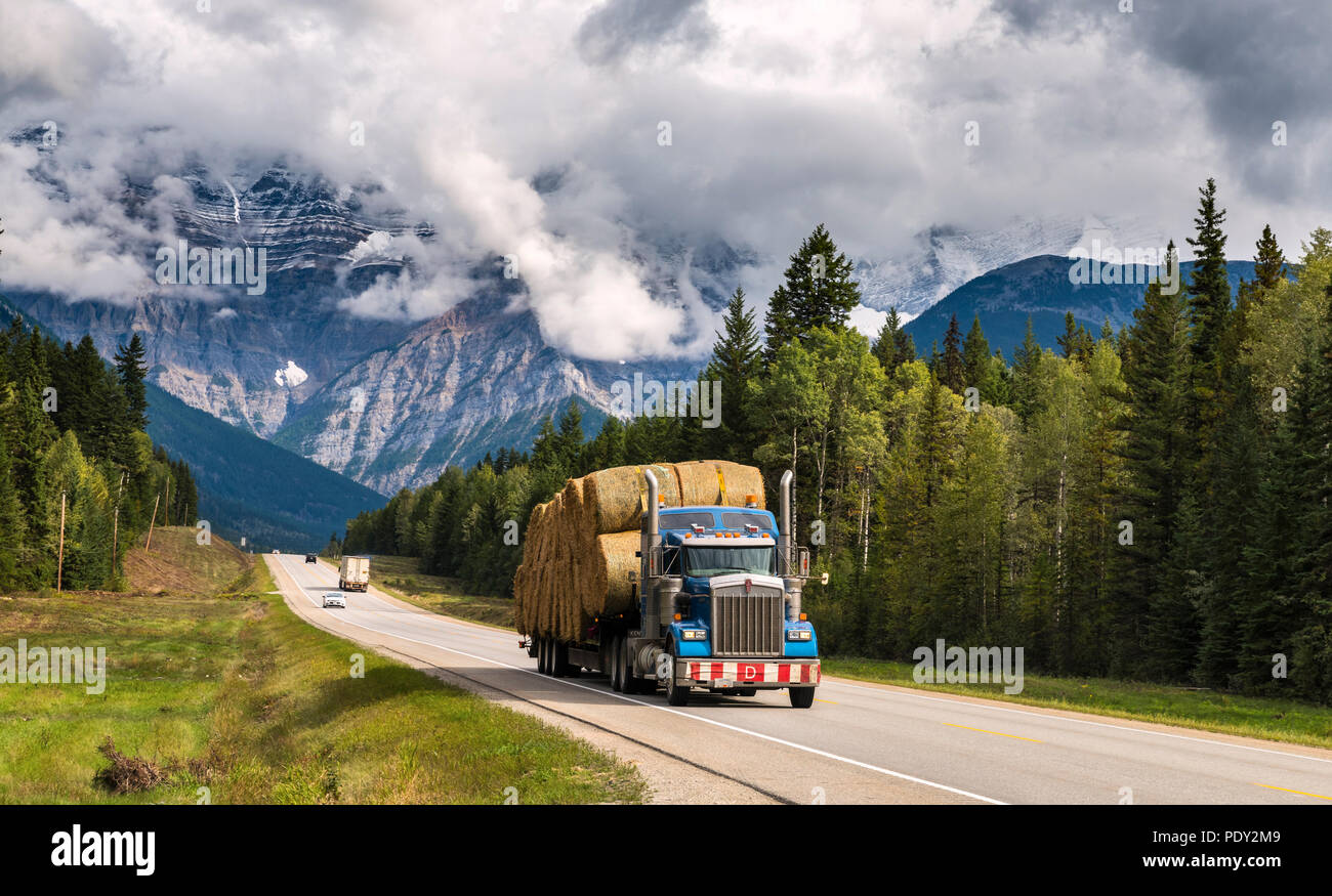 Truck loaded with straw bales on the Yellowhead Highway, behind it Mount Robson, partly covered by clouds Stock Photo