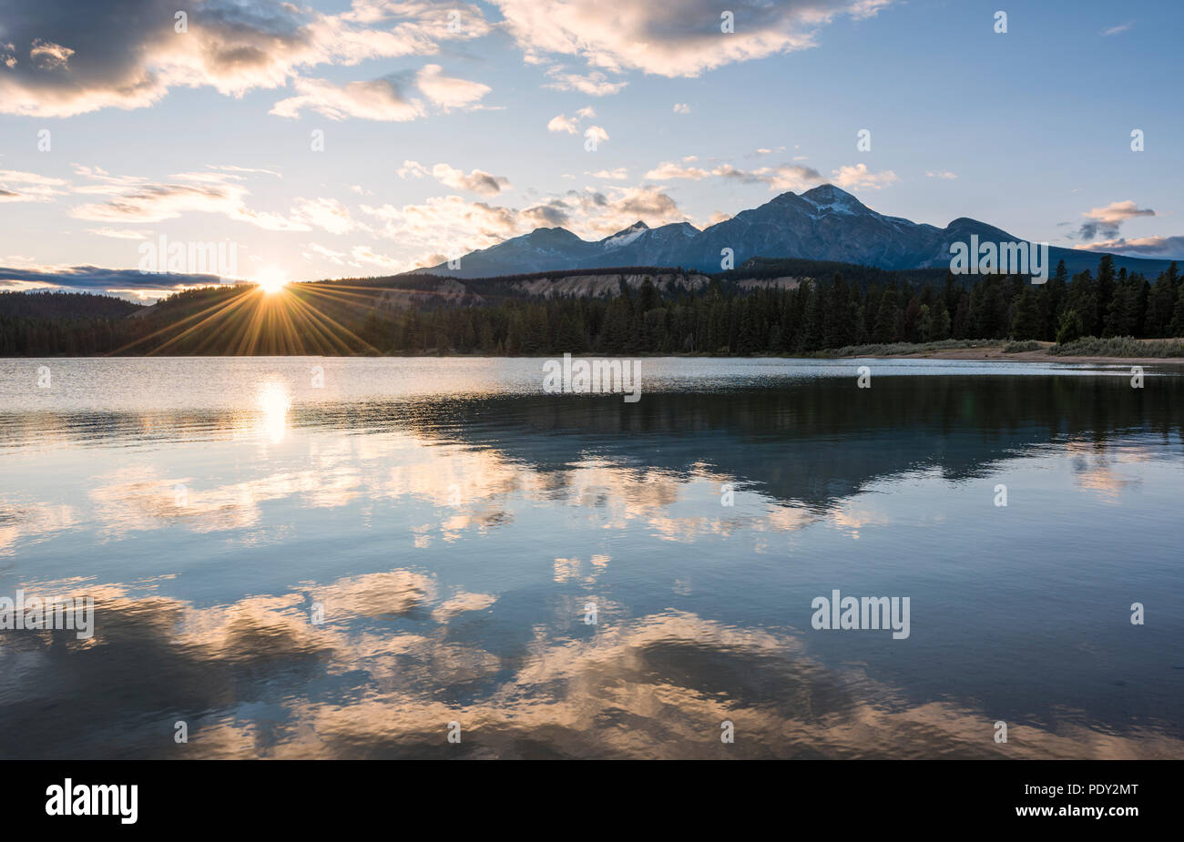 Sunset at Annette Lake, Jasper National Park, Rocky Mountains, Alberta, Canada Stock Photo