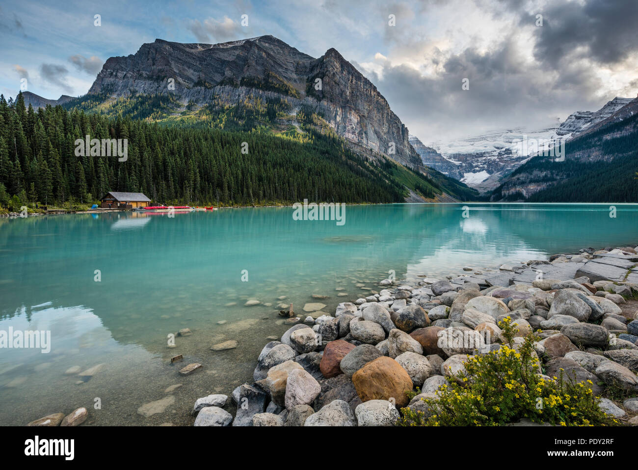 Lake Louise with boathouse, behind it Mount Victoria, Banff National Park, Rocky Mountains, Alberta, Canada Stock Photo