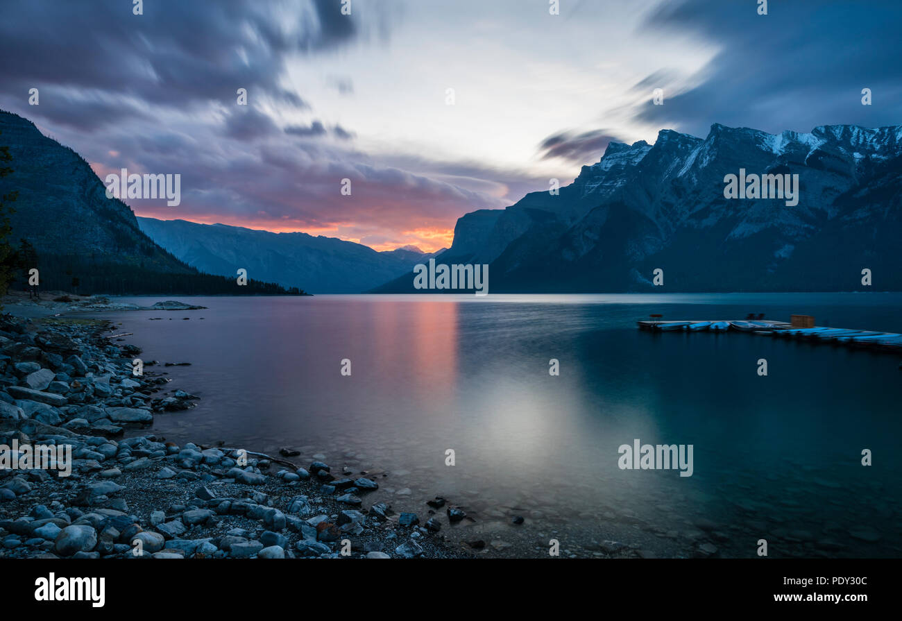 Sunrise at Lake Minnewanka, Banff, Banff National Park, Rocky Mountains, Alberta, Canada Stock Photo