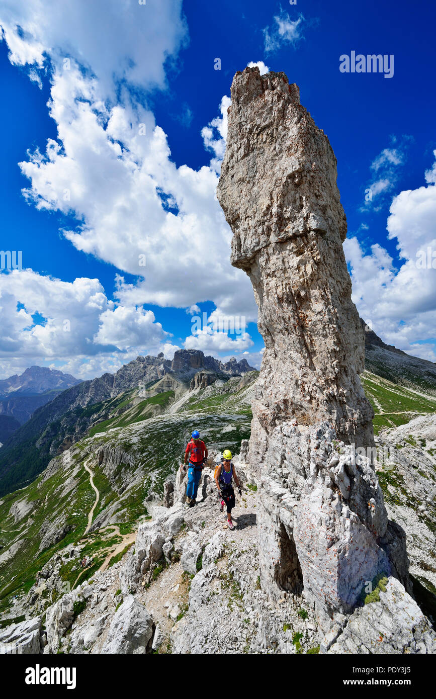 Mountaineers at the rock needle Frankfurter Sausage, Salsiccia, Sexten Dolomites, Alta Pusteria, South Tyrol, Italy Stock Photo