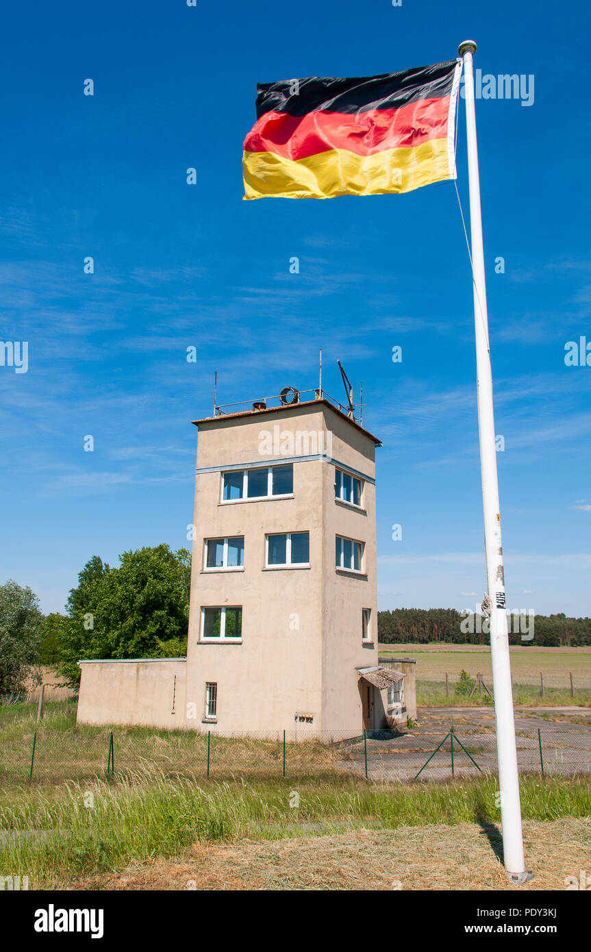 Former border tower of the GDR, once border crossing point Cumlosen, biosphere reserve River landscape Elbe, Brandenburg Stock Photo