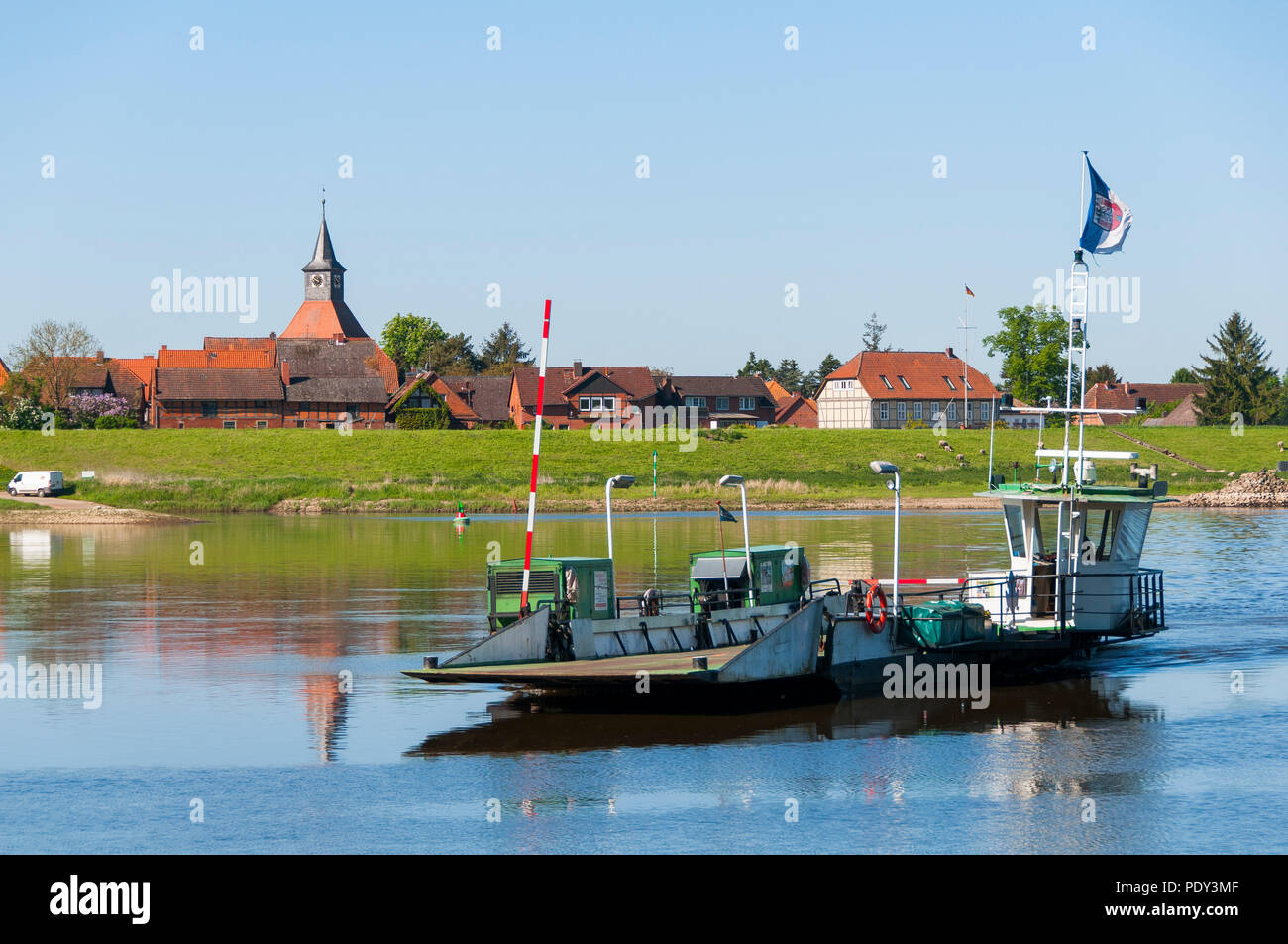 Car ferry across the Elbe, biosphere reserve River landscape Elbe, Schnackenburg, Lower Saxony, Germany Stock Photo