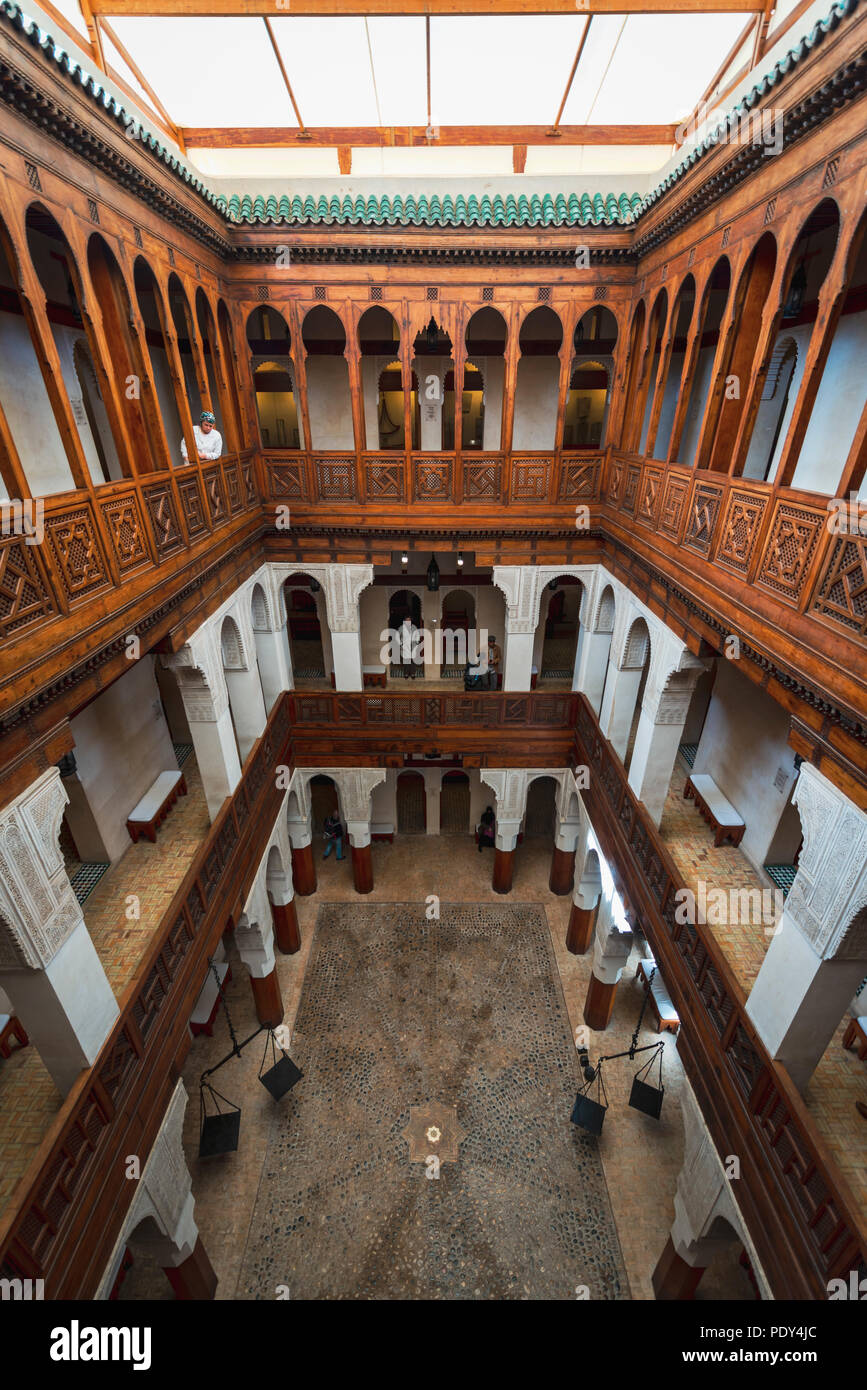 Courtyard, Nejjarine Museum of Wood Arts and Crafts, Arabic ornamentation, Fes, Fez, Morocco Stock Photo