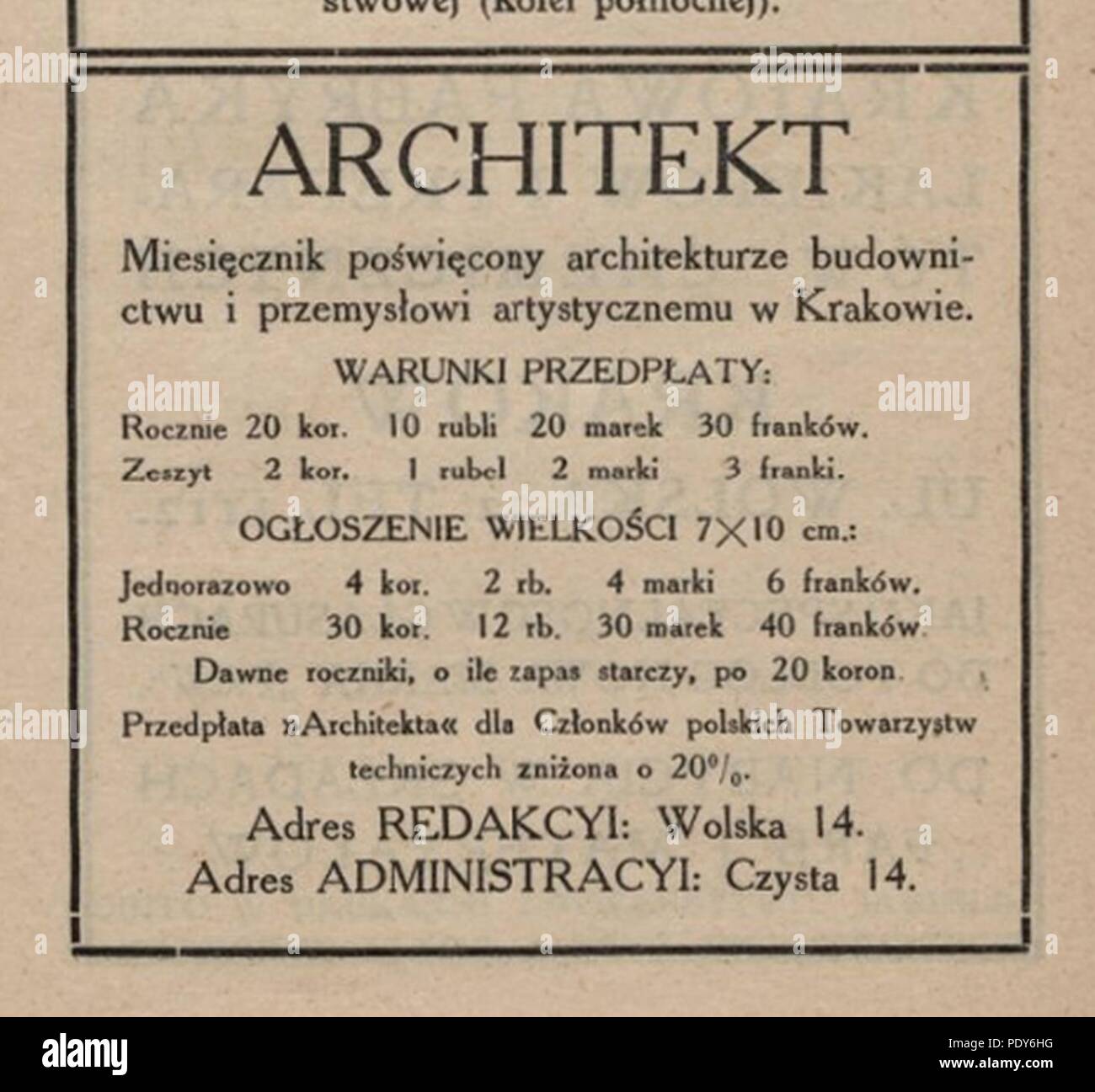 Architekt advertisement (Katalog wystawy architektury i wnętrz... 1912 s. 9). Stock Photo
