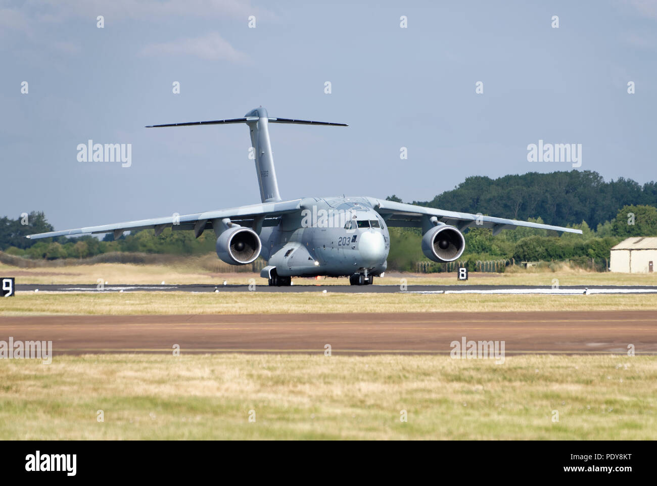 The Kawasaki C-2 a new Military Transport aircraft designed and manufactured in Japan makes its first flight to the United Kingdom to attend the RIAT Stock Photo