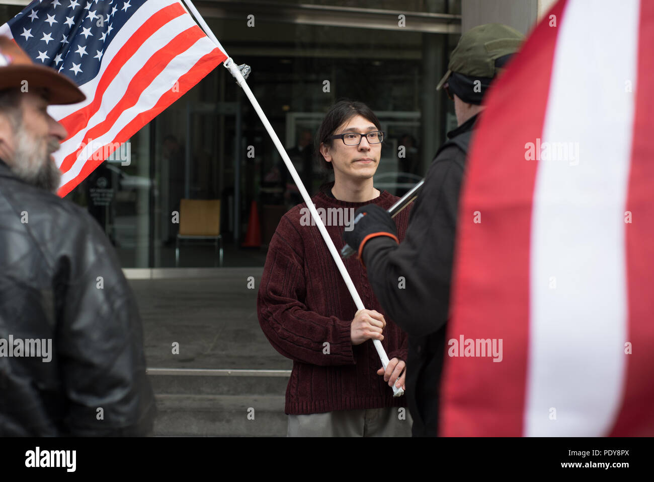 David Fry, acquitted defendant in the first trial of the occupation of the Malheur Wildlife Refuge protesting the second trial Stock Photo