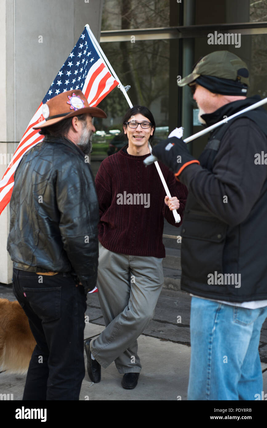 David Fry, acquitted defendant in the first trial of the occupation of the Malheur Wildlife Refuge with others protesting the second trial in front of Stock Photo