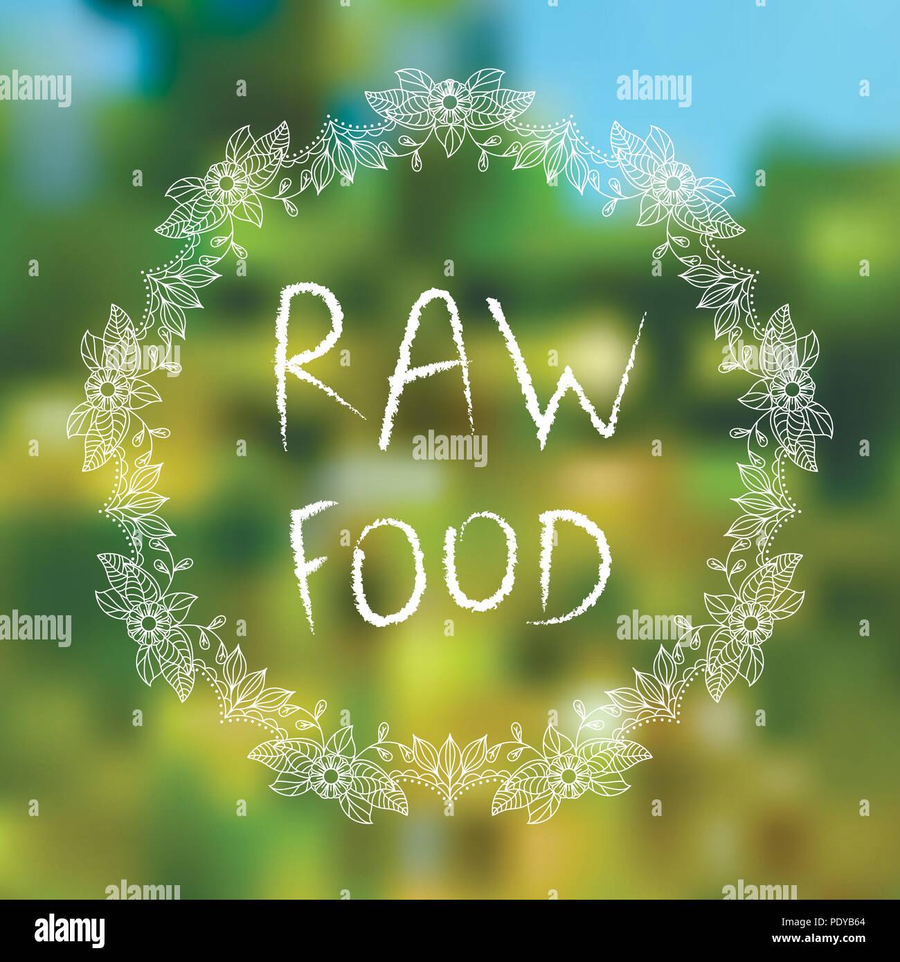 Raw food. Hand-sketched typographic elements on blured background Stock Vector