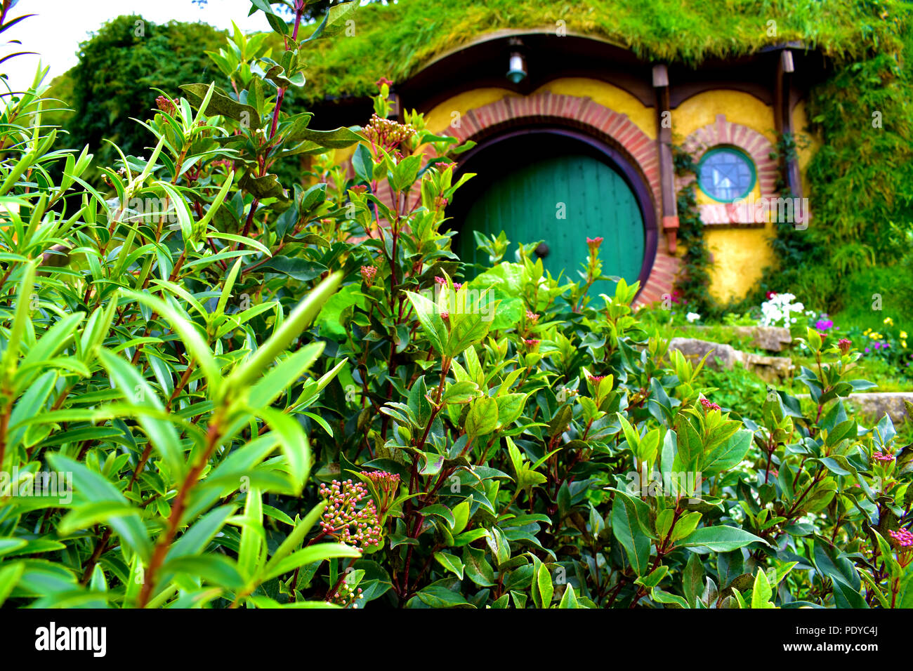 Hobbiton and Bilbo's house (Bag End). The door of the Hobbit's hole. Stock Photo
