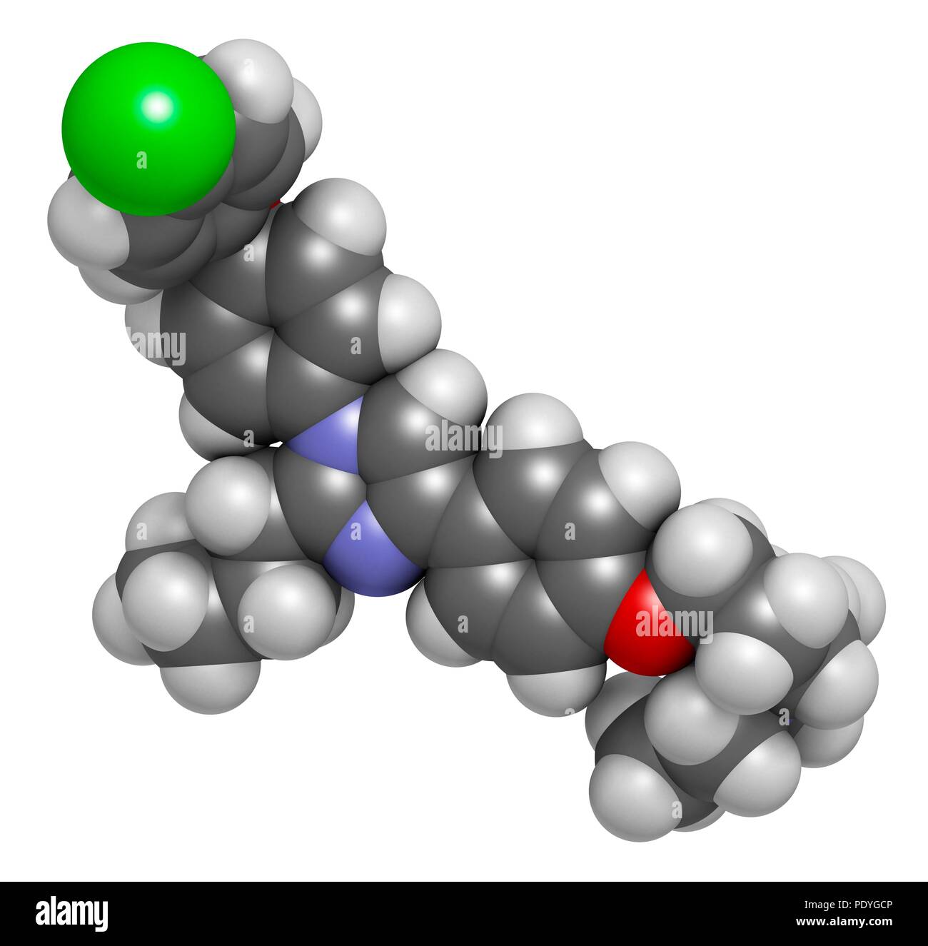 Azeliragon Alzheimer's disease drug molecule. 3D rendering. Atoms are
