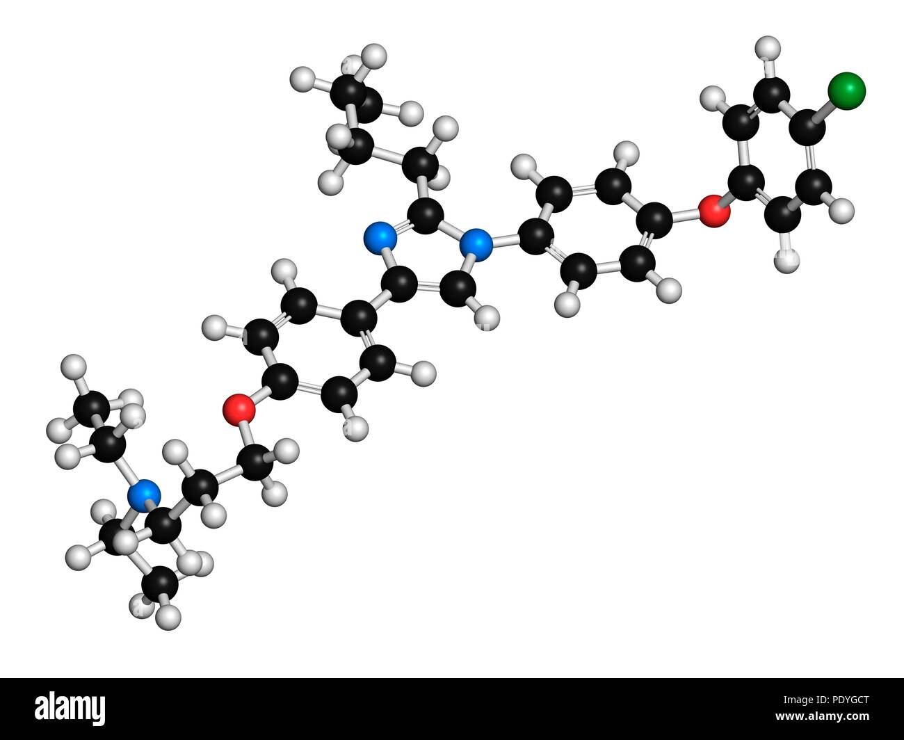 Azeliragon Alzheimer's disease drug molecule. 3D rendering. Atoms are