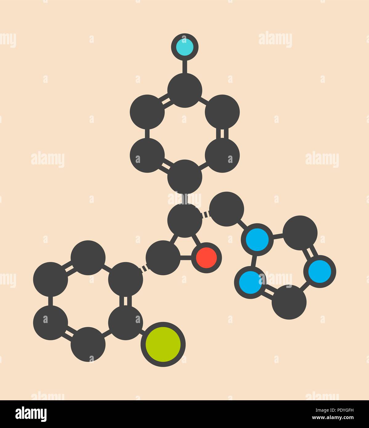 Epoxiconazole pesticide molecule. Stylized skeletal formula (chemical structure): Atoms are shown as colour-coded circles: hydrogen (hidden), carbon (grey), oxygen (red), nitrogen (blue), chlorine (green), fluorine (cyan). Stock Photo