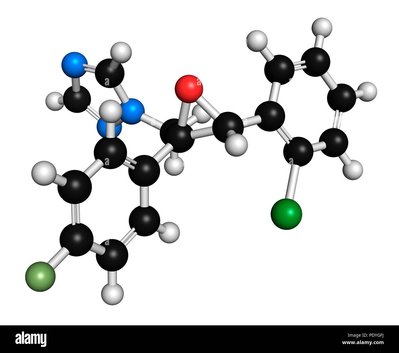 Epoxiconazole pesticide molecule. 3D rendering. Atoms are represented as spheres with conventional colour-coding: hydrogen (white), carbon (black), oxygen (red), nitrogen (blue), chlorine (green), fluorine (light green). Stock Photo
