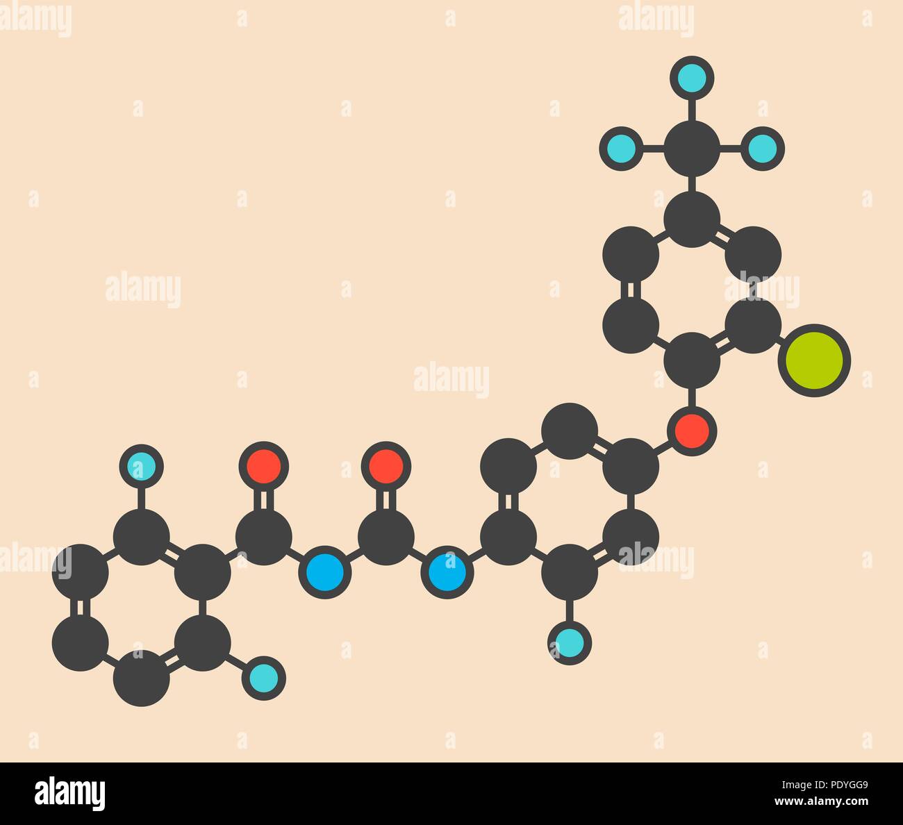 Flufenoxuron insecticide molecule. Stylized skeletal formula (chemical structure): Atoms are shown as colour-coded circles: hydrogen (hidden), carbon (grey), oxygen (red), nitrogen (blue), chlorine (green), fluorine (cyan). Stock Photo