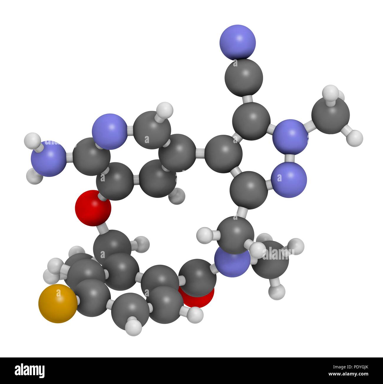 Lorlatinib cancer drug molecule. 3D rendering. Atoms are represented as spheres with conventional colour-coding: hydrogen (white), carbon (grey), nitrogen (blue), oxygen (red), fluorine (gold). Stock Photo