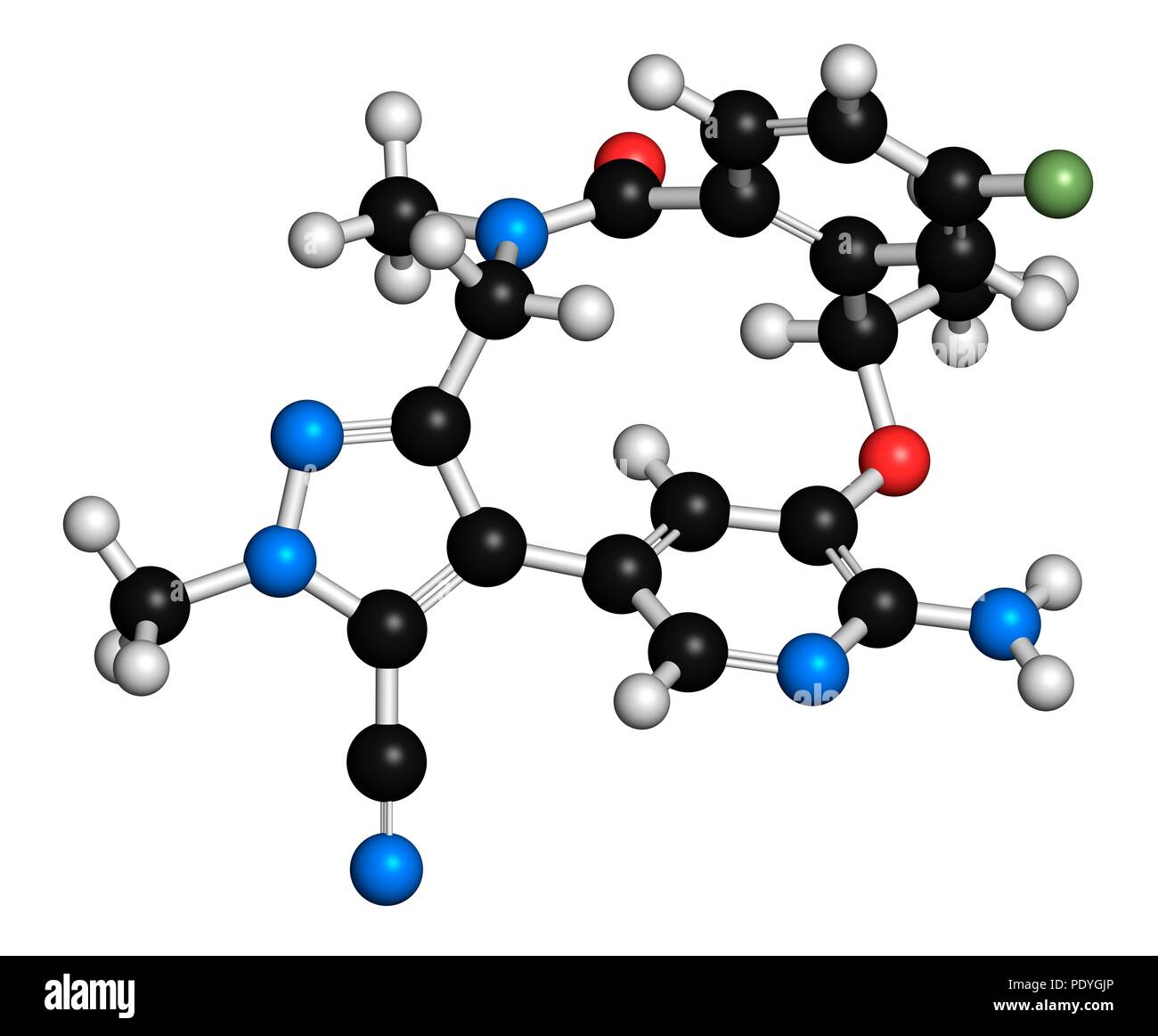 Lorlatinib cancer drug molecule. 3D rendering. Atoms are represented as spheres with conventional colour-coding: hydrogen (white), carbon (black), nitrogen (blue), oxygen (red), fluorine (light green). Stock Photo
