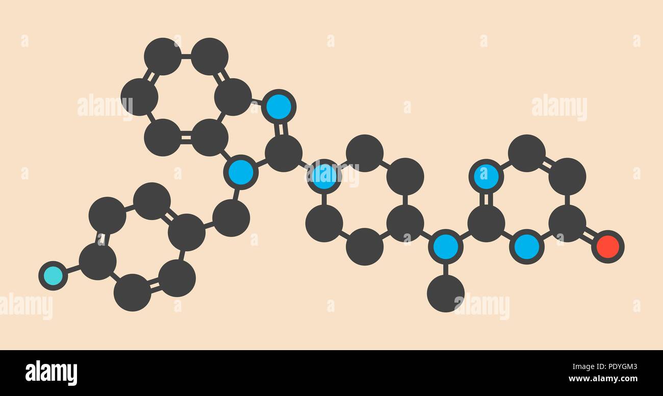 Mizolastine antihistamine drug molecule. Stylized skeletal formula (chemical structure): Atoms are shown as colour-coded circles: hydrogen (hidden), carbon (grey), nitrogen (blue), oxygen (red), fluorine (cyan). Stock Photo