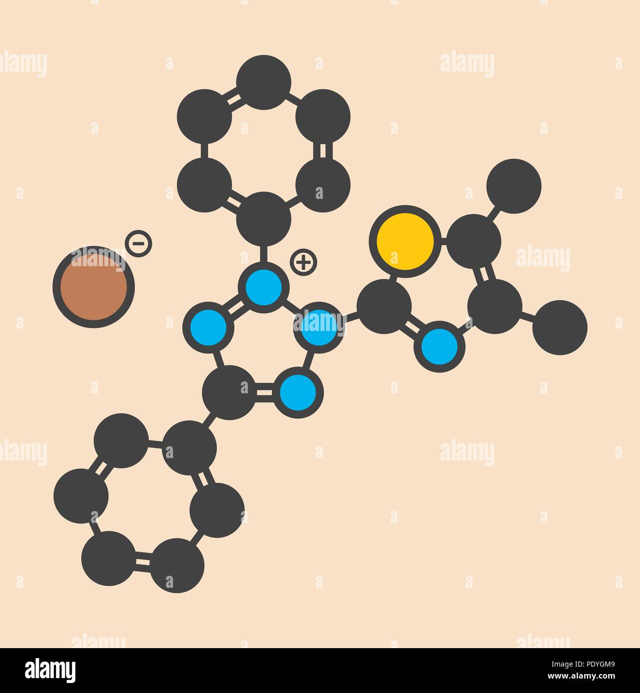 MTT yellow tetrazole dye molecule. Used in MTT assay, used to measure cytotoxicity and cell metabolic activity. Stylized skeletal formula (chemical structure): Atoms are shown as colour-coded circles: hydrogen (hidden), carbon (grey), oxygen (red), nitrogen (blue), sulfur (yellow), bromine (brown). Stock Photo
