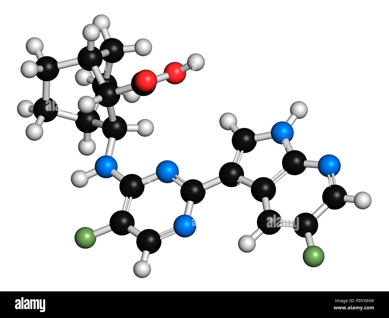 Pimodivir influenza drug molecule. 3D rendering. Atoms are represented ...