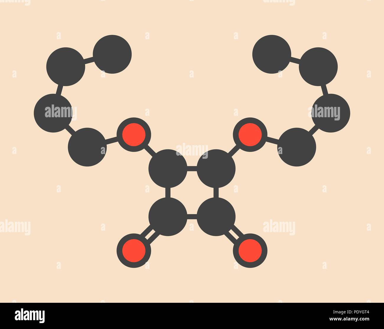 Squaric acid dibutyl ester drug molecule. Stylized skeletal formula (chemical structure): Atoms are shown as colour-coded circles: hydrogen (hidden), carbon (grey), oxygen (red). Stock Photo