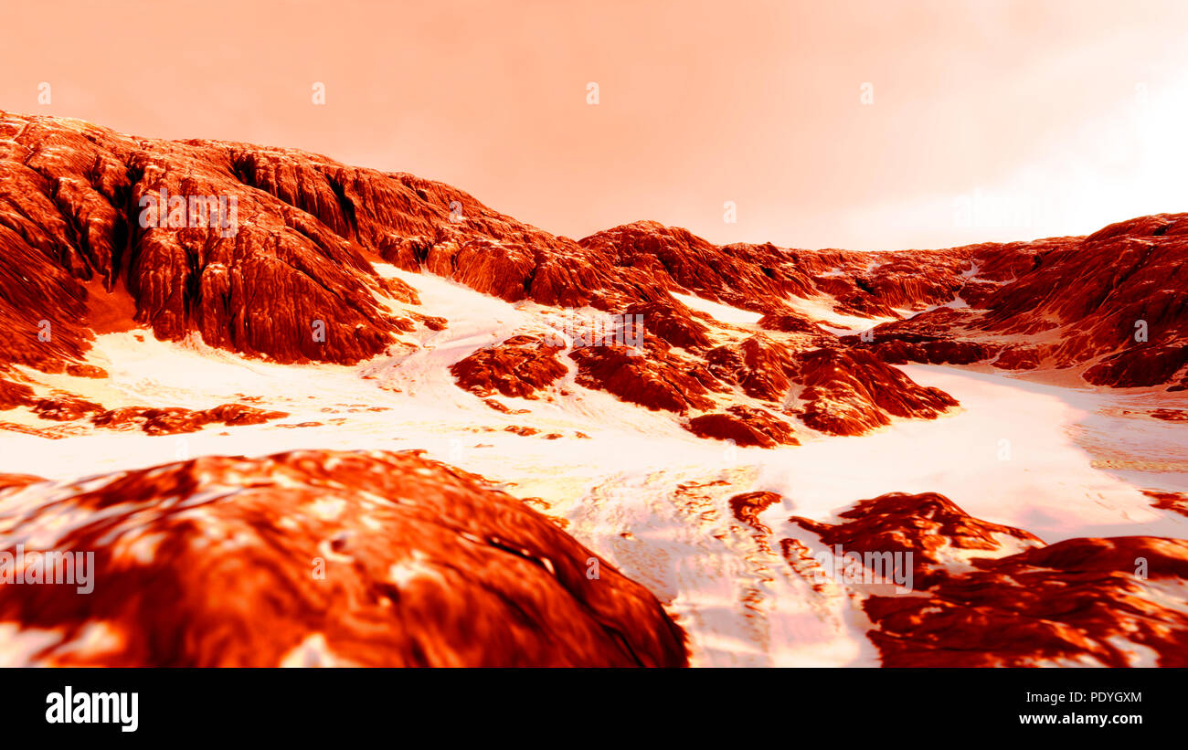 Morning on Mars, illustration. Rocky landscape on Mars, the fourth planet from the sun and the second smallest in the solar system. Mars is a rocky desert world with no surface water. The atmosphere is mostly carbon dioxide and Martian surface temperatures are well below freezing. Both water ice and frozen carbon dioxide form in the coldest regions of Mars. Particles of dust and iron oxide in the thin atmosphere give it a brown-pink-orange colour. Stock Photo
