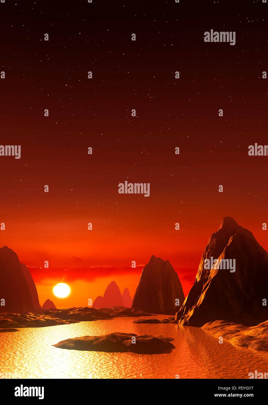 Ross 128 b is the second-closest known rocky exoplanet - the closest being the planet orbiting Proxima Centauri. Ross 128 b orbits within the habitable zone of its red dwarf star, Ross 128. Unlike the red dwarf Proxima Centauri, Ross 128 is considered relatively quiet it lacks the former s violent flaring activity. As such, astronomers believe Ross 128 b a good candidate for habitability. It is 35 percent more massive than Earth and receives 38 percent more starlight. This image imagines the planet to be covered in water. Stock Photo