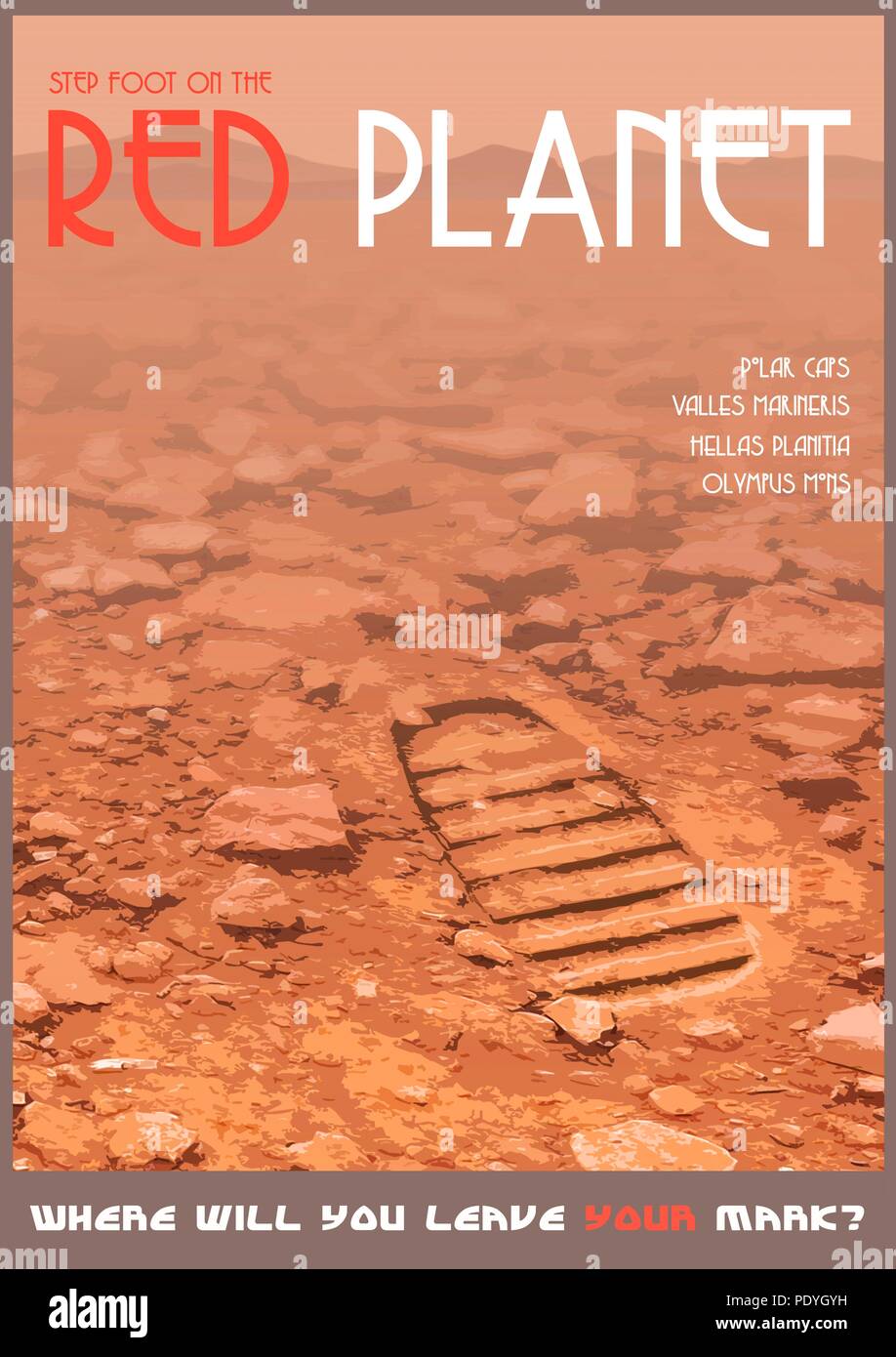 Footprints on Mars, artwork. An illustration of a boot print on the surface of the red planet, perhaps left behind by future astronauts or tourists. A human expedition to Mars would be a costly, dangerous but rewarding venture. The art is presented as an art-deco-style travel poster. Stock Photo