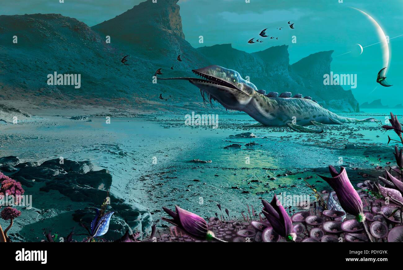 Illustration of alien creatures on a hospitable foreign world. View from the surface of an inhabited rocky moon orbiting a gas-giant exoplanet. The planet is encircled by a series of rings, similar to Saturn in our own Solar System. The moon is depicted as rocky with seas, and with strange rock formations sculpted by alien wind patterns. The sky is a very odd green colour, and is populated by flying lifeforms, preyed upon by a plesiosaur-like animal. Astronomers have found well over a thousand extrasolar planets in the Milky Way. Stock Photo
