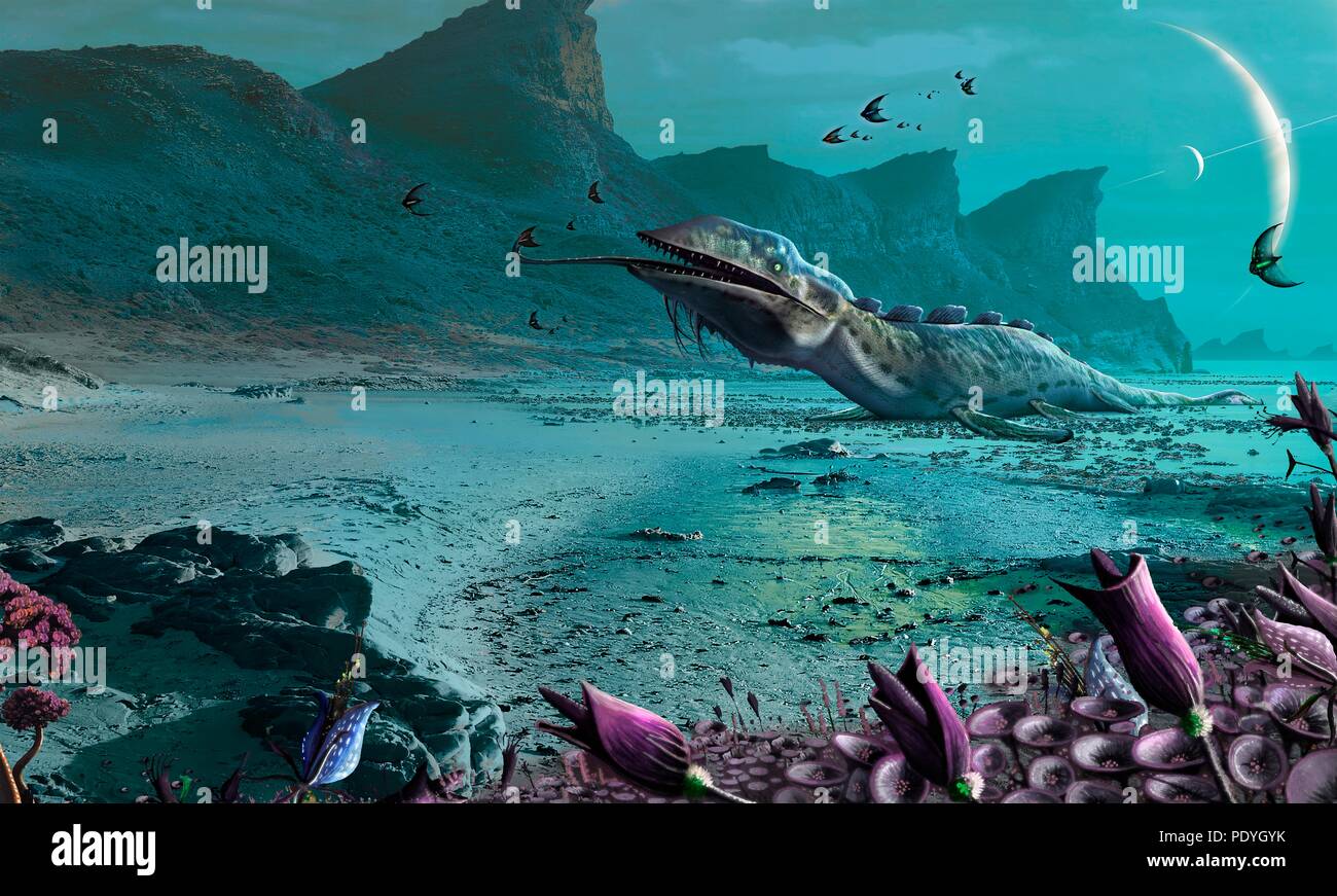 Illustration of alien creatures on a hospitable foreign world. View from  the surface of an inhabited rocky moon orbiting a gas-giant exoplanet. The  planet is encircled by a series of rings, similar