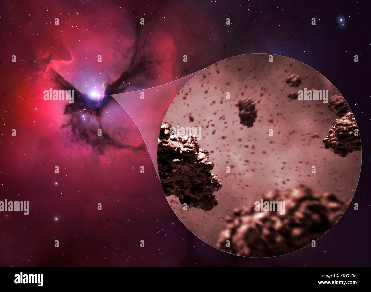 Illustration of the grains found within interstellar dust and giant molecular clouds. Called cosmic dust or space dust, these particles are up to 0.1 micrometres across, but can be as small as just a few molecules. The grains are made of dust grains and aggregates of dust grains. Stock Photo