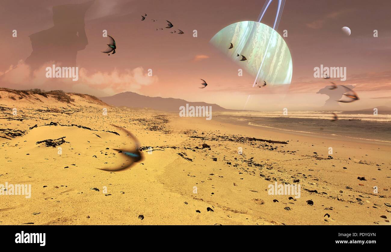 Illustration of alien creatures on a hospitable foreign world. View from the surface of an inhabited rocky moon orbiting a gas-giant exoplanet. The planet is encircled by a series of rings, similar to Saturn in our own Solar System. The moon is depicted as rocky with seas. The sky is a very odd ruddy-brown colour, and is populated by flying lifeforms. Astronomers have found well over a thousand extrasolar planets in the Milky Way. Stock Photo
