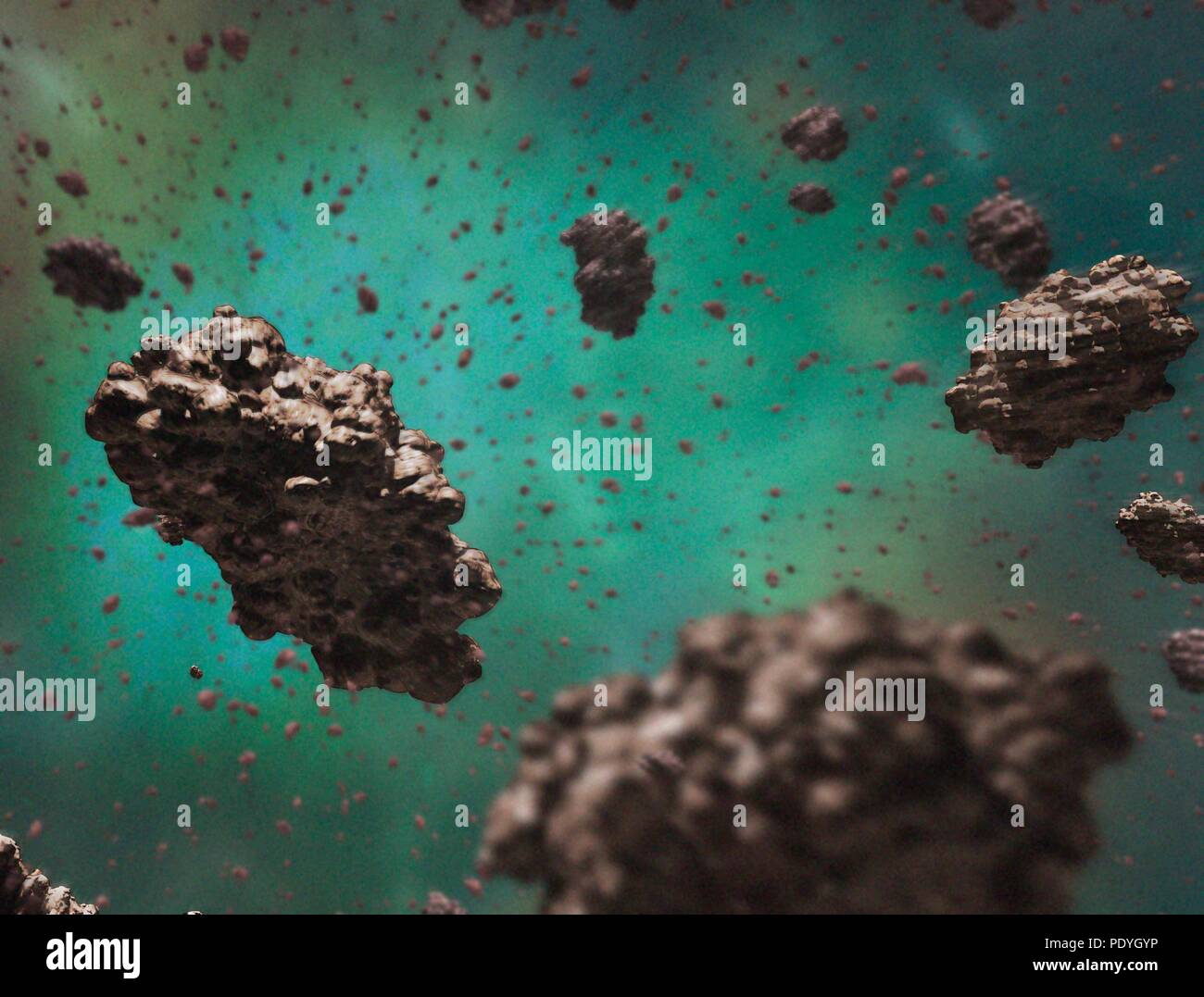 Illustration of the grains found within interstellar dust and giant molecular clouds. Called cosmic dust or space dust, these particles are up to 0.1 micrometres across, but can be as small as just a few molecules. The grains are made of dust grains and aggregates of dust grains. Stock Photo