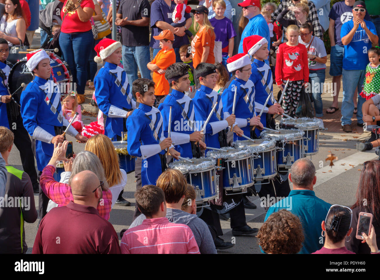Percussion drum section of high school marching band in annual
