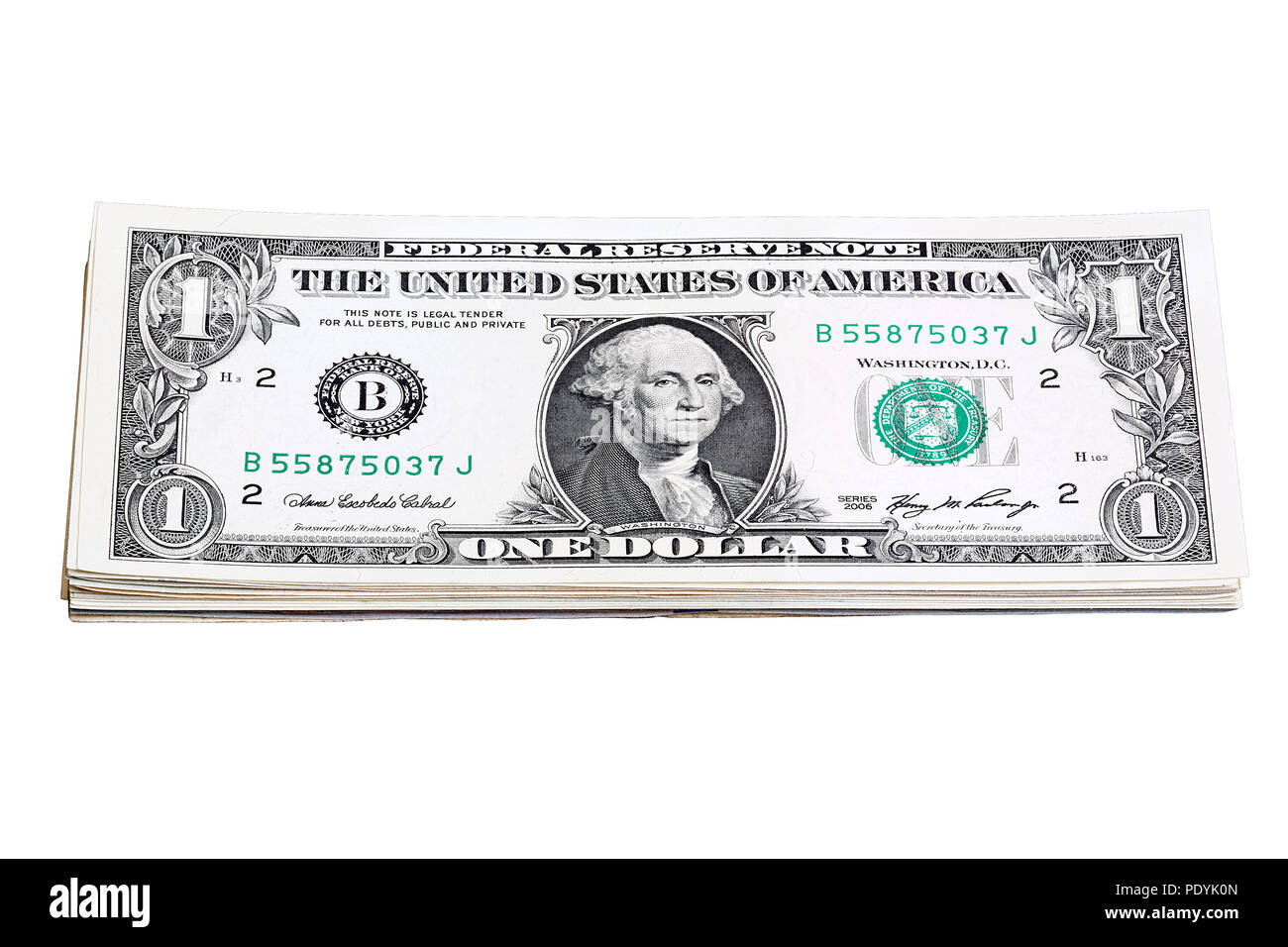 Bundle of one dollar notes isolated on white background. Stecked Stock Photo