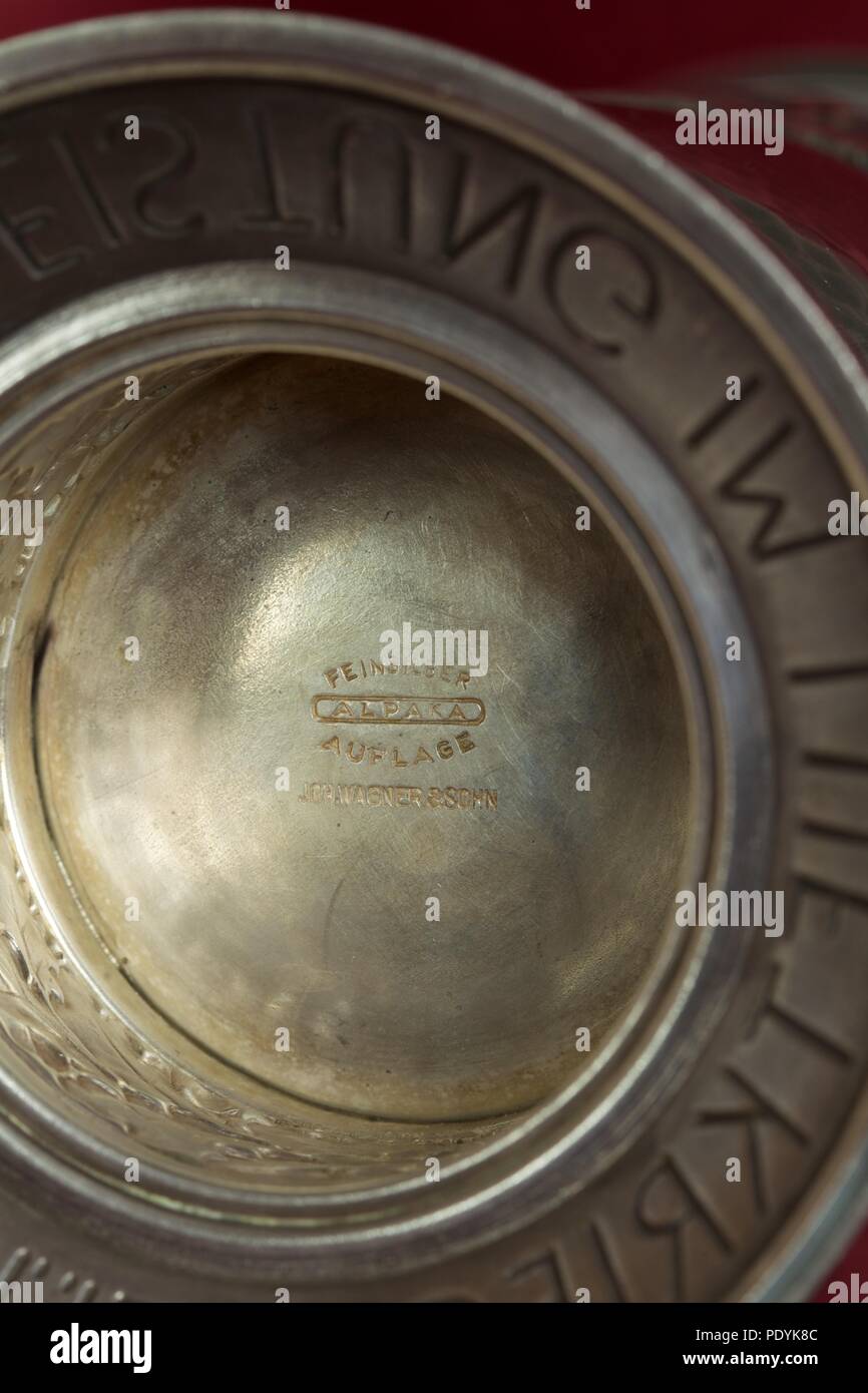 Maker's marks on the Goblet of Honour, awarded posthumously to Willi Hoffmann of 5./KG 30 on 10th February 1943. The Goblet is of the later Alpaka, silver-plated alloy type and in almost mint condition. Willi Hoffmann and his crew failed to return from a mission in the Mediterranean on 23rd January 1943. Stock Photo