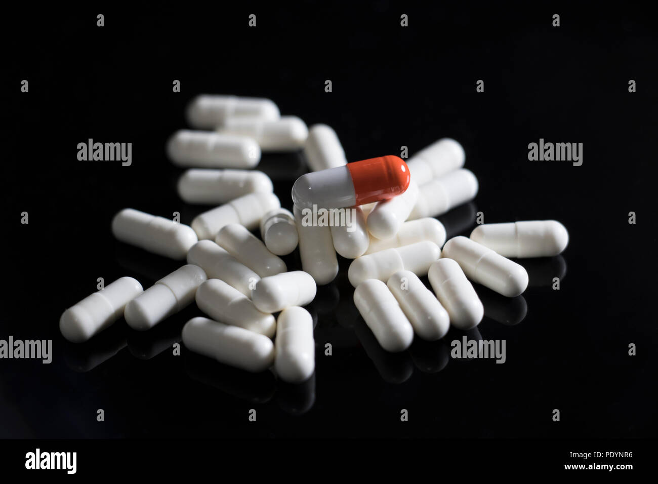 Pile of pills. The magic drug one unique medical dose. Big Pharma and