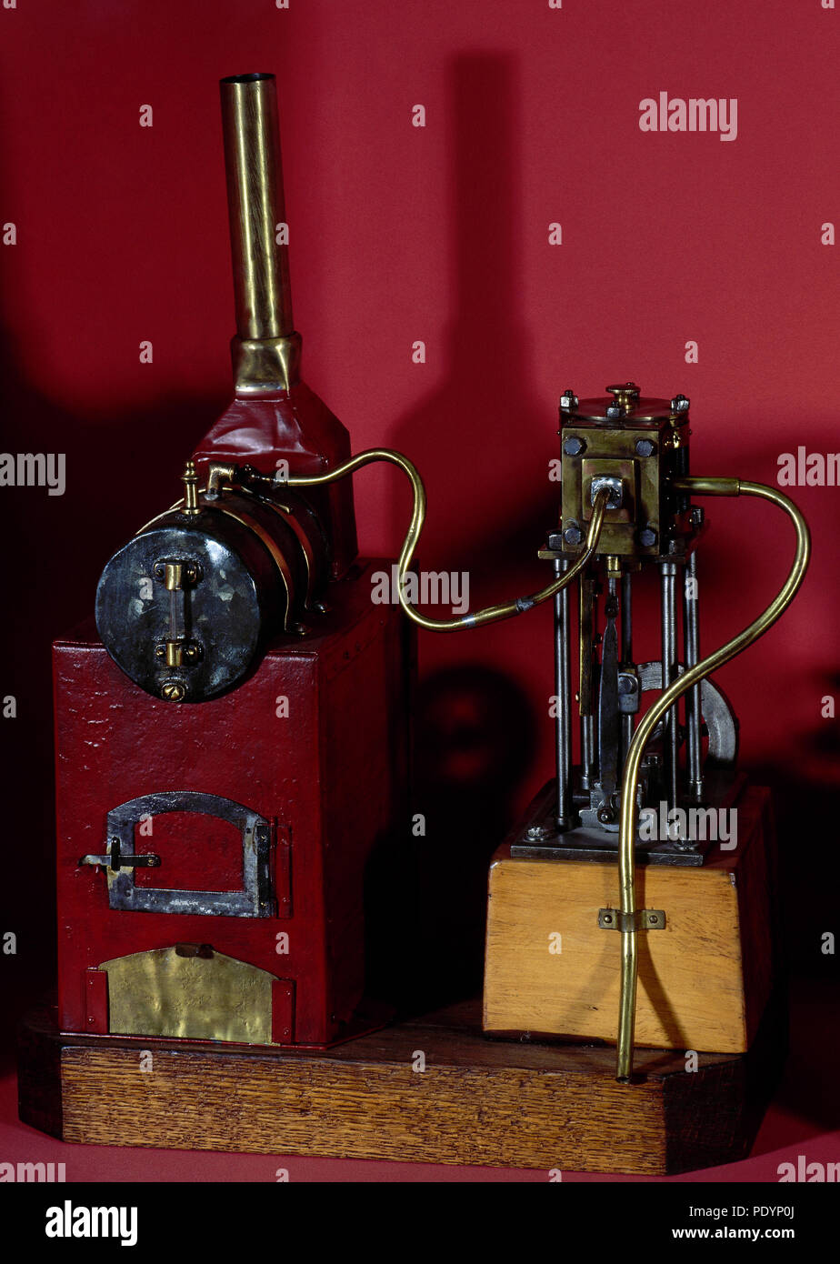 Model of a vertical steam machine with boiler. Early 20th century. Museum of Science and Industry of Catalonia (MNACTEC). Terrassa. Province of Barcelona. Catalonia. Spain. Stock Photo