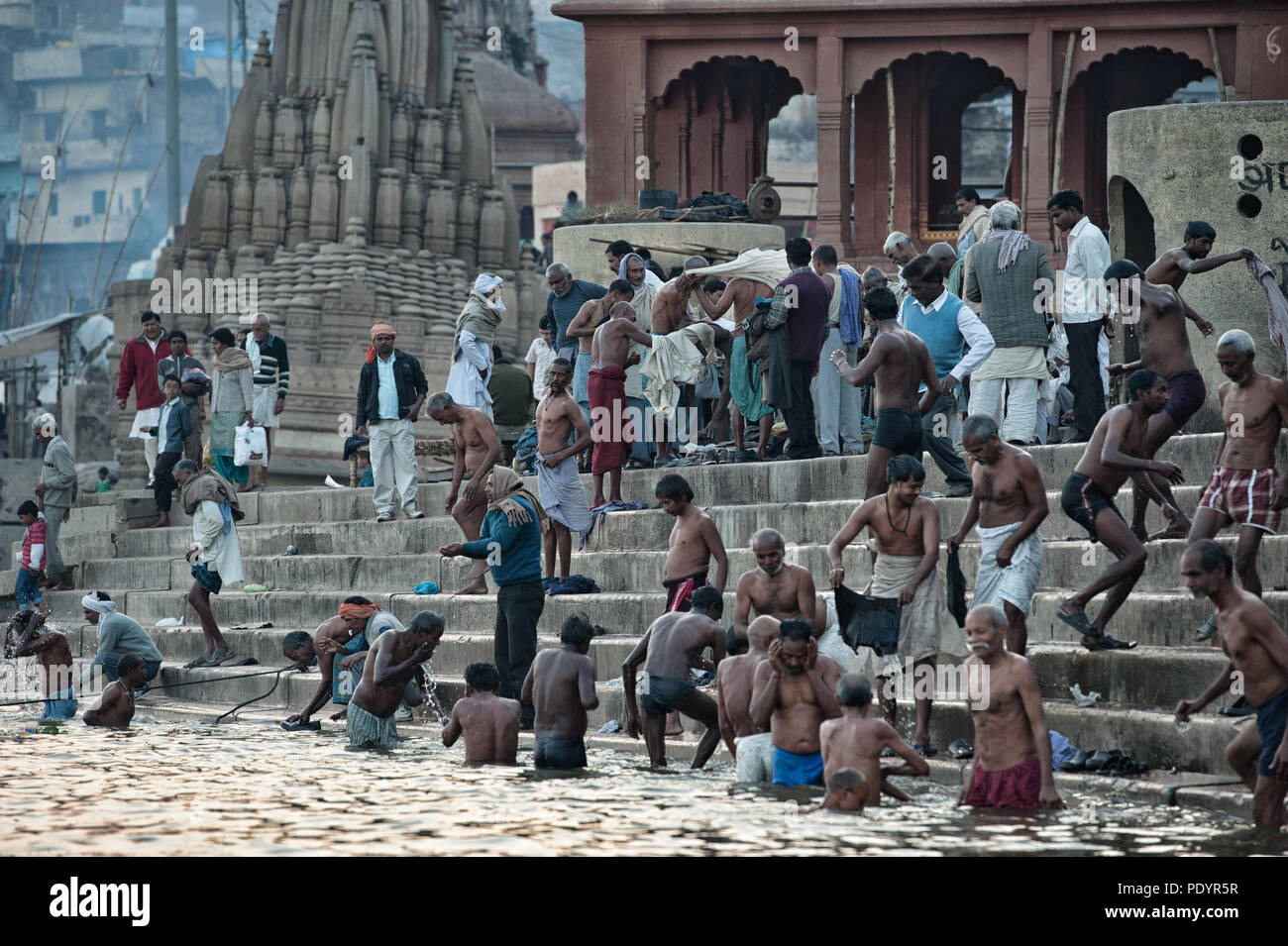 People bathe in the Ganges river on the Varanasi, Uttar Pradesh, India, gath Stock Photo