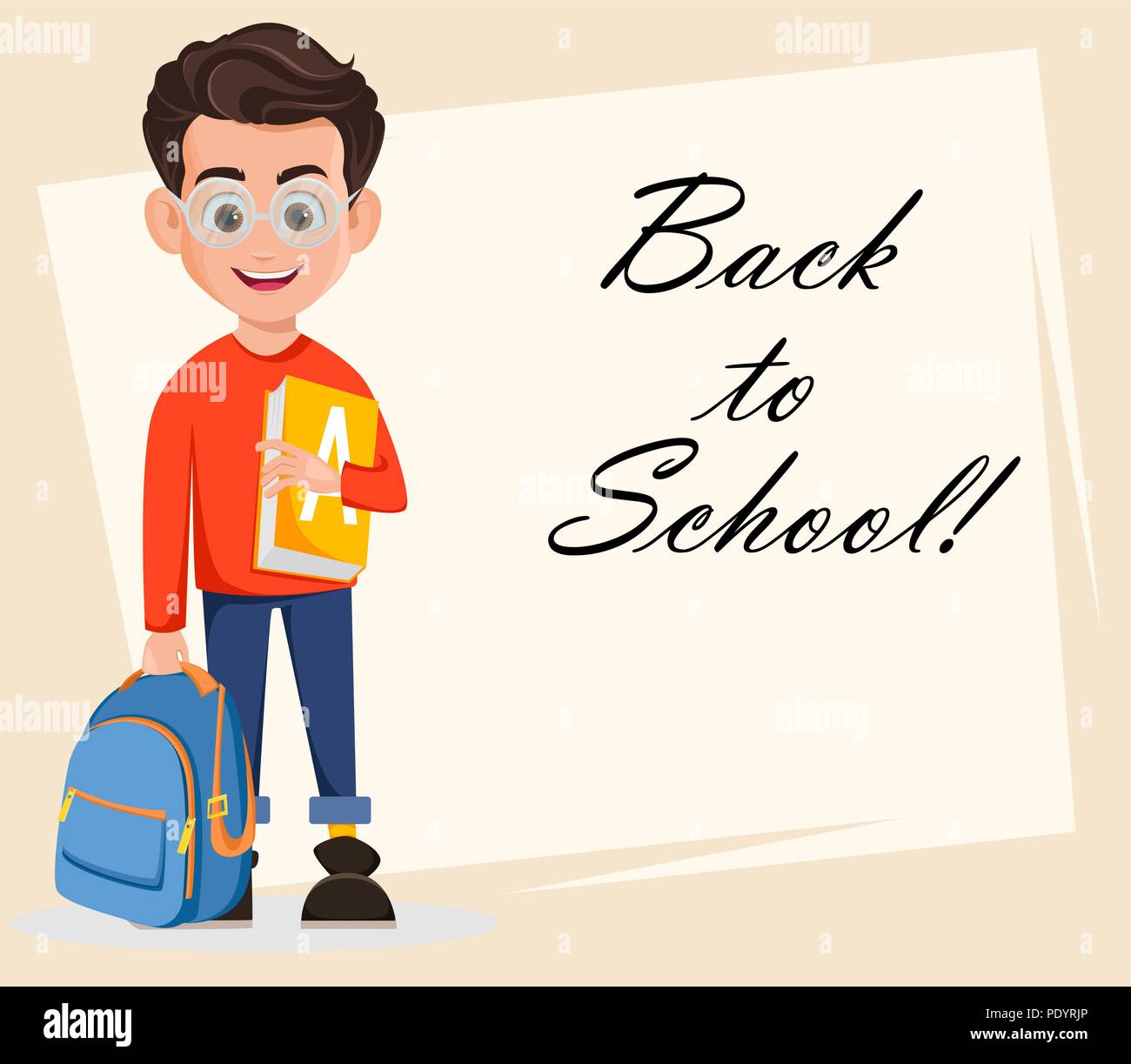 Welcome Back To School Greeting Card Poster Or Flyer Boy Is Ready For School Cartoon Character Holding Book Vector Illustration On Abstract Backgr Stock Vector Image Art Alamy
