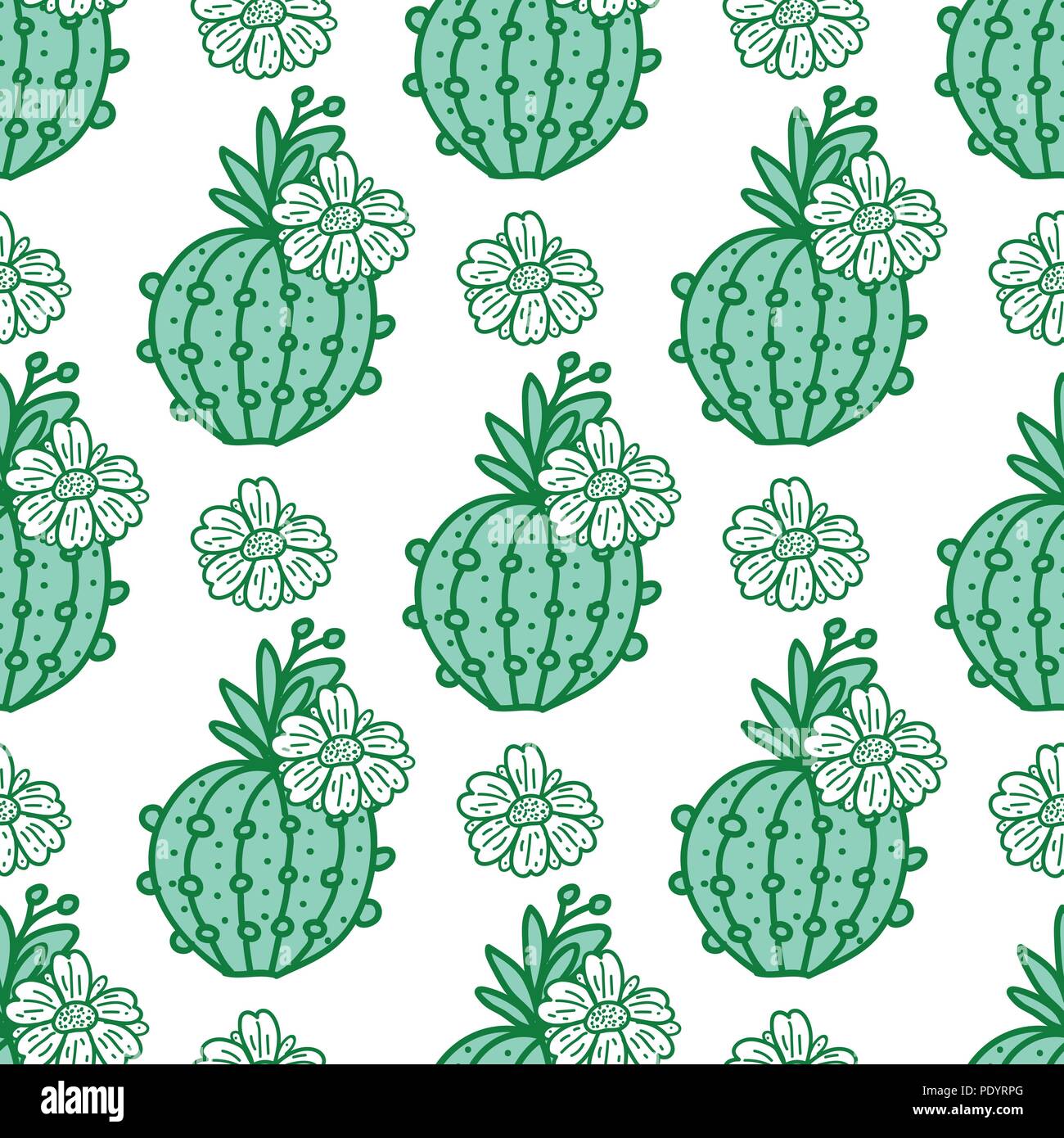 Cute hand-drawn seamless pattern cactus with flowers. Vector ...