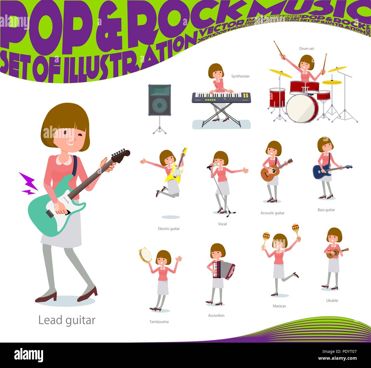 A set of women playing rock 'n' roll and pop music.There are also various instruments such as ukulele and tambourine.It's vector art so it's easy to e Stock Vector