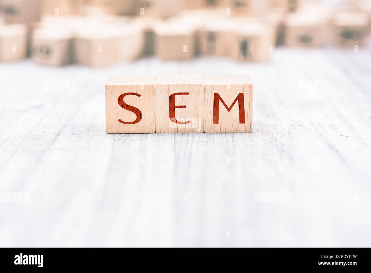 The Word SEM Formed By Wooden Blocks On A White Table Stock Photo