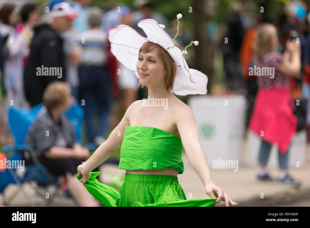 Cleveland, Ohio, USA June 9, 2018 woman dress up as a flower dancing