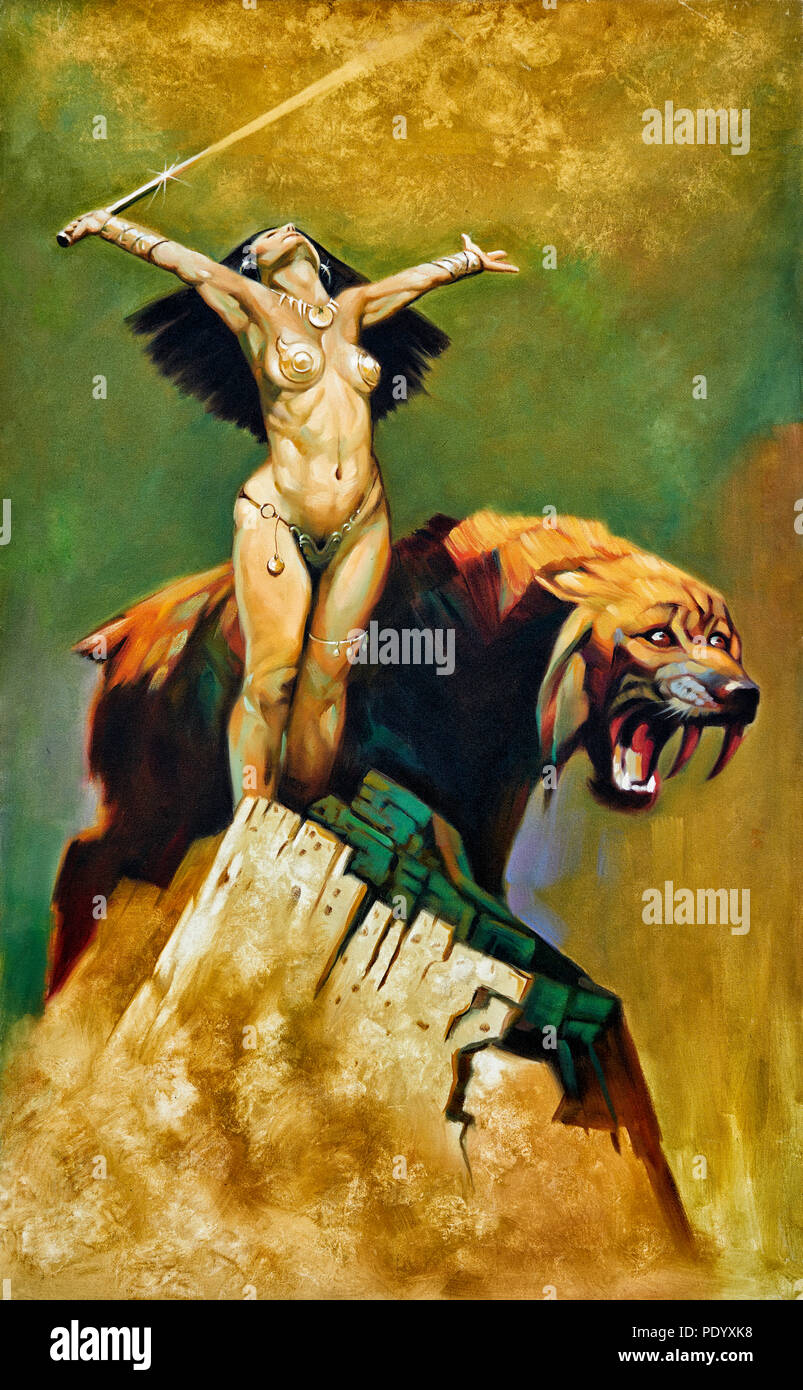 Fantasy art, woman warrior and sabre toothed tiger Stock Photo